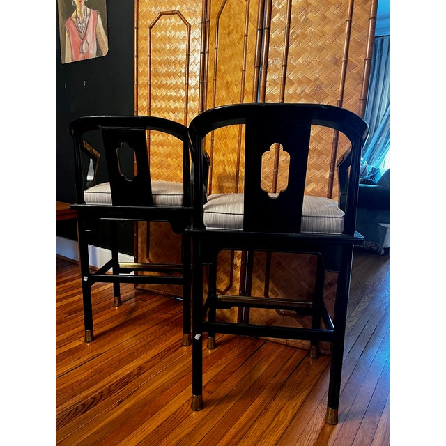 Chinoiserie James Mont Century Black Lacquer 'Ming' Bar Stools - A Pair For Sale - Image 3 of 12