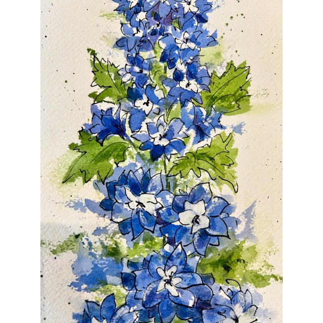 Blue Original “Blue Delphinium” Watercolor Painting For Sale - Image 8 of 12