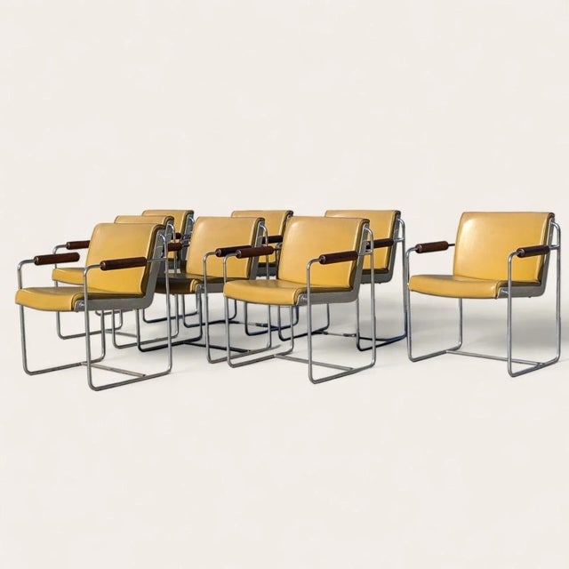 Set of Eight Krueger Afka Mustard Vinyl, Walnut & Chrome Armchairs, C. 1969 For Sale - Image 10 of 10