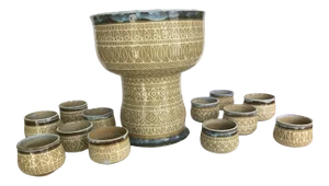 20th Century Narkter Pottery Art Punch Bowl Signed Set- 13 Pieces