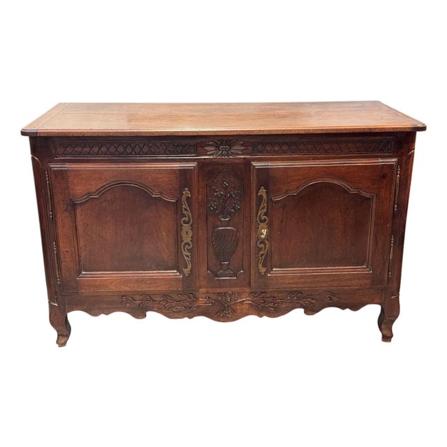 18th Century French Walnut Buffet With Carved Urn of Flowers For Sale