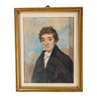 19th Century English or American Watercolor Miniature Portrait of a Gentleman For Sale