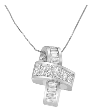 14K White Gold 2 cttw Princess and Baguette Cut Diamond Ribbon Pendant Necklace (H-I, SI-SI2)