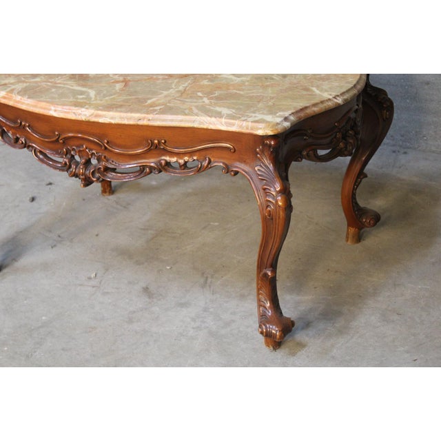 Wood Baroque Style Coffee Table with Wooden Base and Marble Top, 1950s For Sale - Image 7 of 8