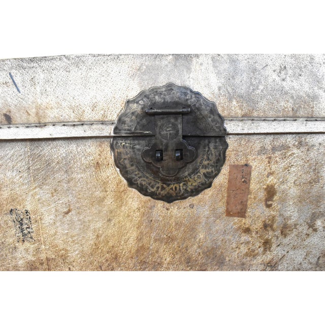 1900s Chinese Import Leather Parchment Traveling Trunk For Sale - Image 9 of 13