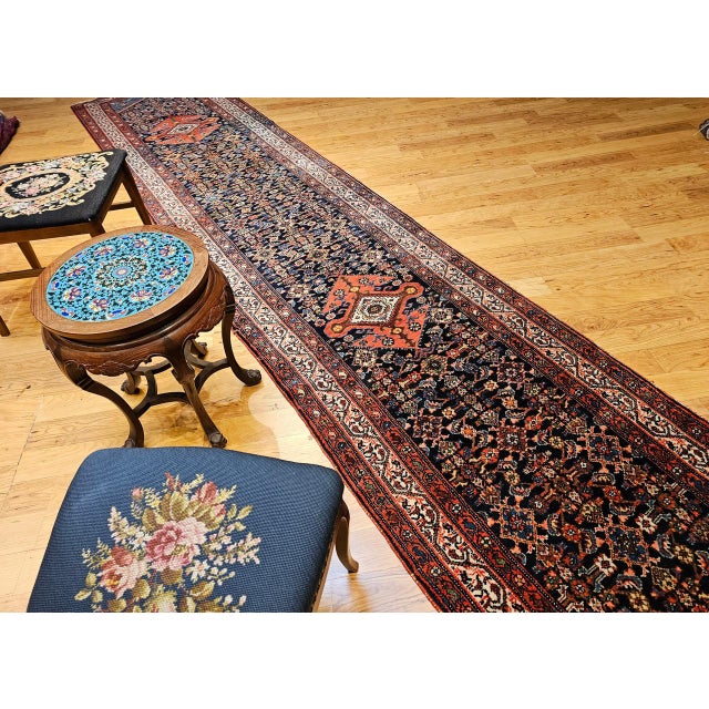 Vintage Persian Malayer Runner Rug, Hand-Knotted Wool, Geometric Pattern, 3x20, Navy & Red For Sale - Image 4 of 14