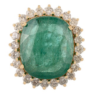 9.17 Ct Zambian Emerald Art Deco Cocktail Ring With Halo Diamonds in 14k Solid Gold Size 5 For Sale