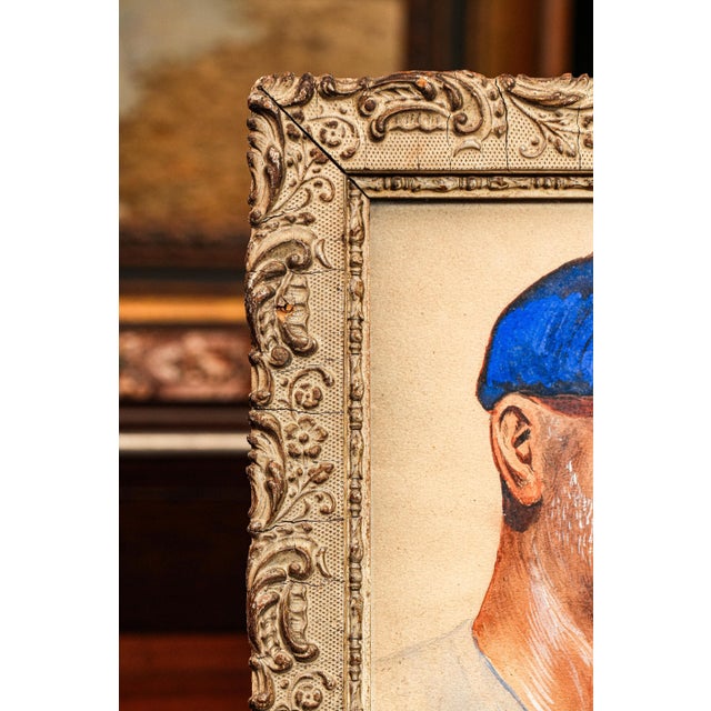Colorful Antique French Gouache Portrait Painting of Man With Ornate Frame For Sale - Image 10 of 13
