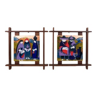 Judith Daner Enamel Artwork Wall Panels Set, the Mexicans, 1950s, Set of 2 Pieces For Sale
