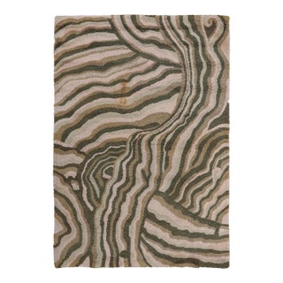 3'x4' Vintage Hand-Hooked Rug – Geometric Mid-Century Design in Soft Greens & Cream – Artisan-Made Cotton Loop Pile For Sale