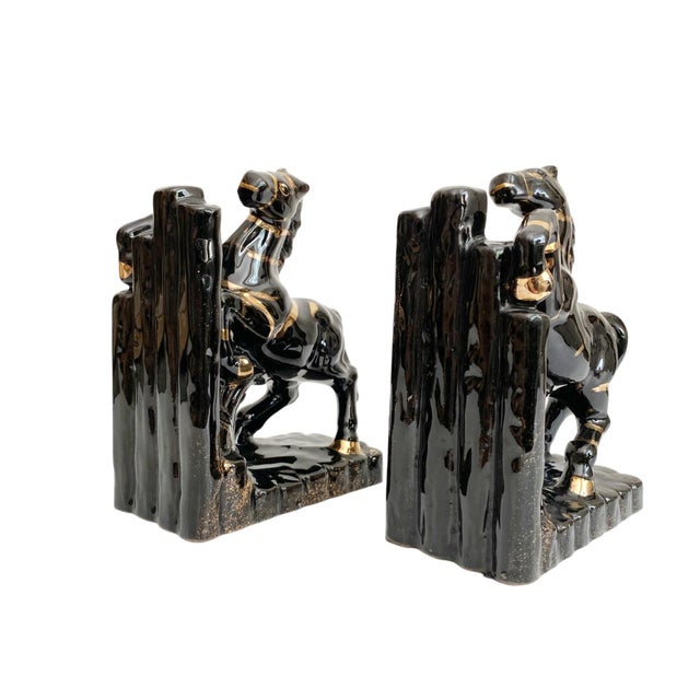 1950s Black Ceramic Horse Bookends - Black & Gold For Sale - Image 4 of 6