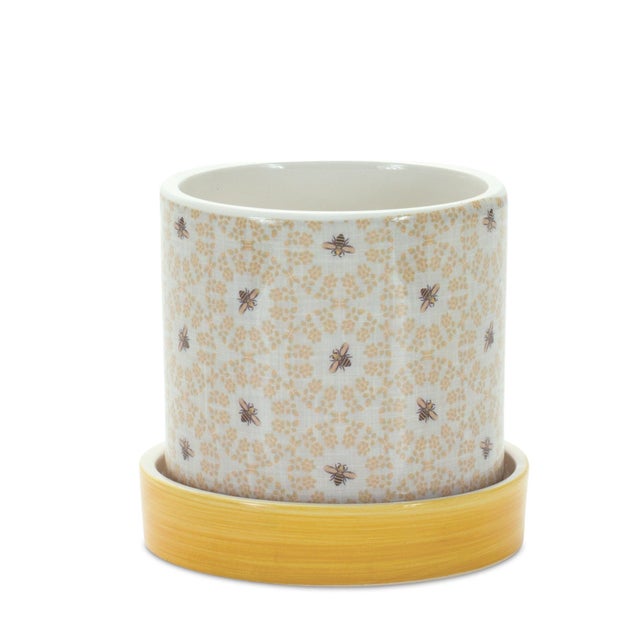 Kenneth Ludwig Chicago Stone Bumble Bee Striped Planter with Plate (Set of 2) For Sale - Image 4 of 5