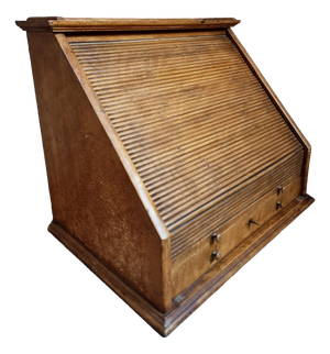 Antique Optician's Table Display Cabinet in Walnut with Roll Top, France, Early 1900s