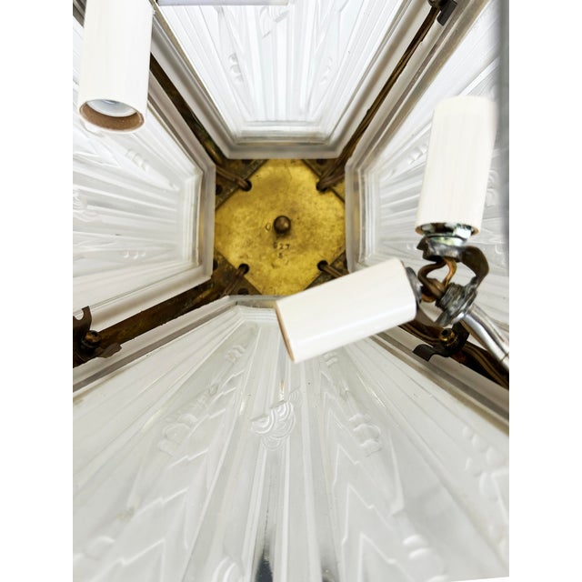 1930s Art Deco Gilt, Silvered Bronze Chandelier, Frosted Glass Shades For Sale - Image 14 of 14