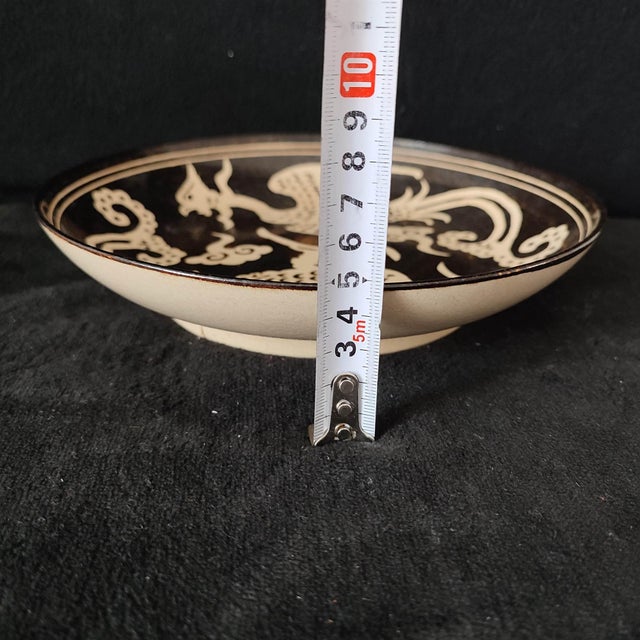 White Chinese Ceramic Plate,Jizhou Ware Black Glaze Porcelain Plate Hand Carved Double Phoenix Pattern For Sale - Image 8 of 10