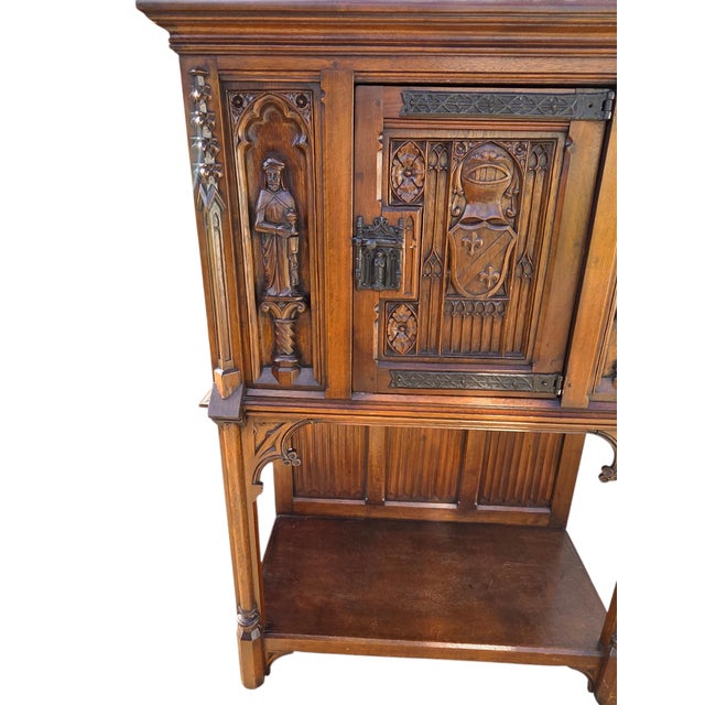 Gothic Antique Karpen Furniture French Gothic Cabinet Oak Vestry Altar Wine Bar Hutch For Sale - Image 3 of 18