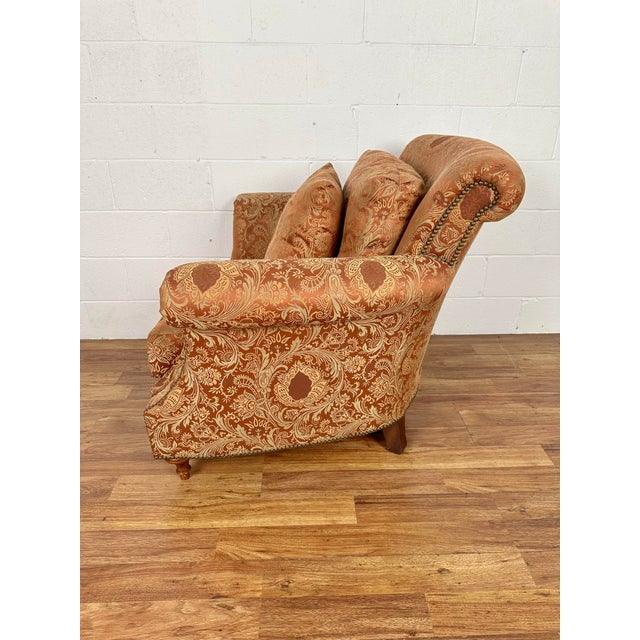 Camel Henredon Scroll Back Upholstered Lounge Chair & Ottoman With Nailheads - Set of 2 For Sale - Image 8 of 12