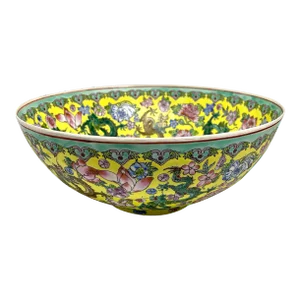 Vintage Chinese Yellow Ground Egg Shell Porcelain Bowl With Dragons