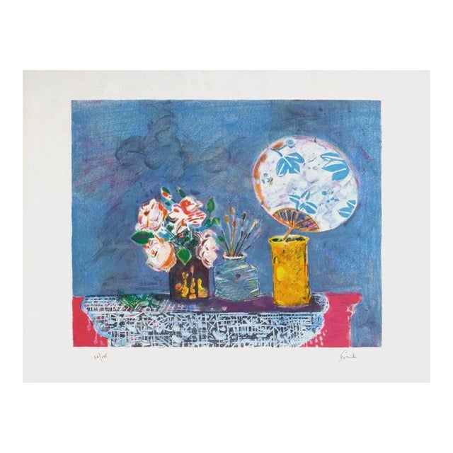 1990 Gilles Gorriti Still Life With Japanese Fan Lithograph For Sale