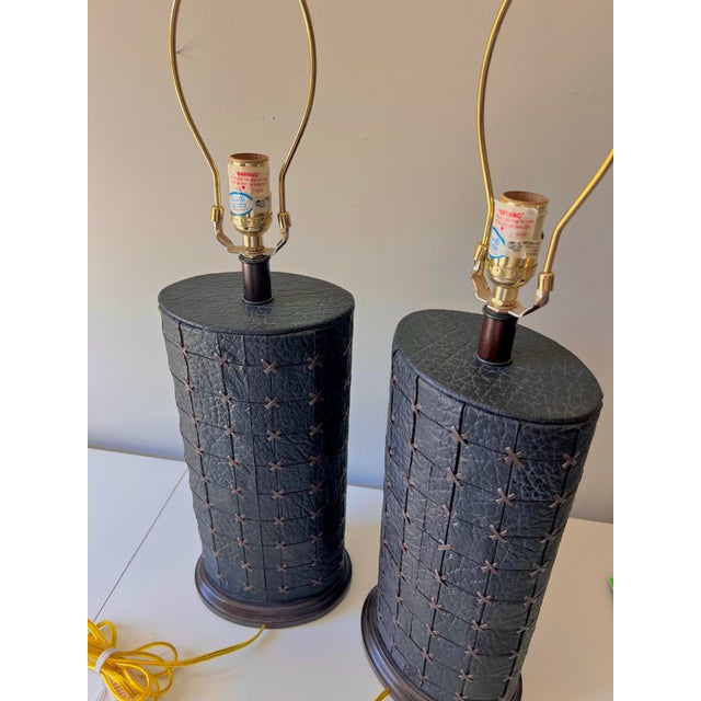 Black Vintage Black Leather Patchwork Cross Stitch Table Lamps; A Pair For Sale - Image 8 of 9