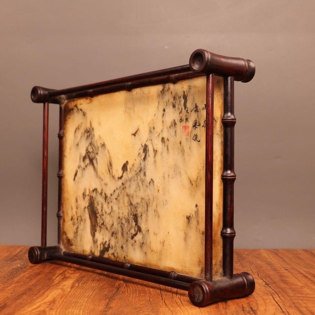 Late 20th Century Vintage Rosewood Bamboo-Form Frame & Marble Landscape Tea Tray For Sale - Image 5 of 9