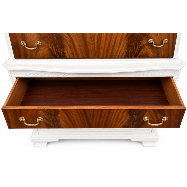 Vintage Bookmatched Flame Mahogany Tall Chest Dresser, Painted White With Brass Hardware For Sale In New York - Image 6 of 6