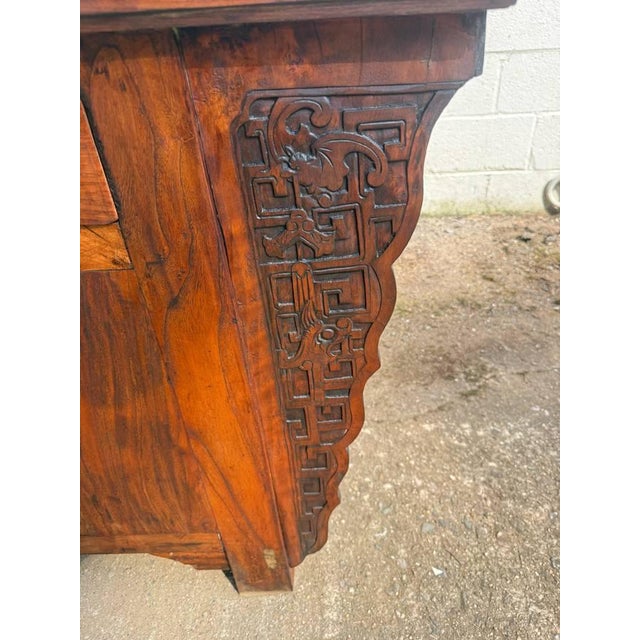 Early 20th Century Antique Chinoiserie Style Elm Wood Carved Butterfly Altar Sideboard. For Sale - Image 5 of 18