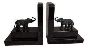 German Art Deco Book Supports in Black and Gray Stone with Green-Patinated Bronze Elephants, 1930s, Set of 2