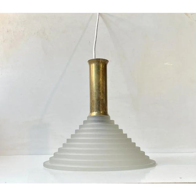 Italian Art Deco Revival Pendant Lamp in Brass and Glass, 1970s For Sale - Image 9 of 9