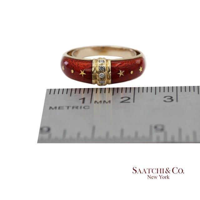 Vintage Faberge 18k (750) Solid Yellow Gold Red Enamel Diamond Ring, Size 7.5 For Sale - Image 10 of 12