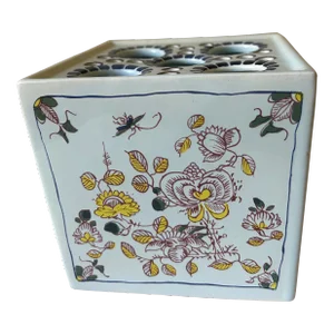 Vintage Polychrome Delft Floral Frog Vase