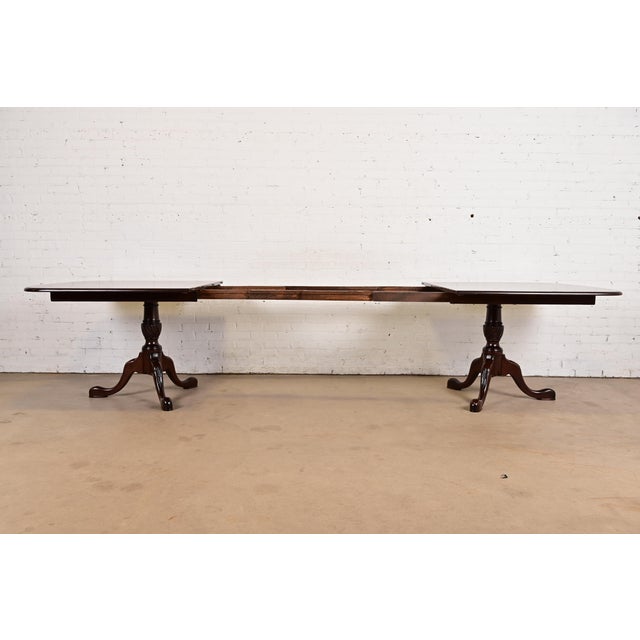 Baker Furniture Style Georgian Banded Mahogany Double Pedestal Extension Dining Table, Newly Refinished For Sale In South Bend - Image 6 of 13