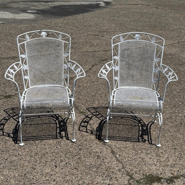 Vintage Woodard Era Floral Design Wrought Iron Springer/Rocker Garden Patio Arm Chairs - a Pair. Circa Mid 20th Century....