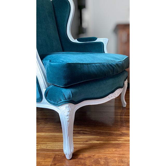 Mid-20th Century French Provincial Wingback Chair in Kravet Peacock Blue Velvet For Sale - Image 10 of 18