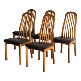 Solid Oak High-Back Dining Chairs Set of 5 With Brown Upholstery Vintage 1980s For Sale