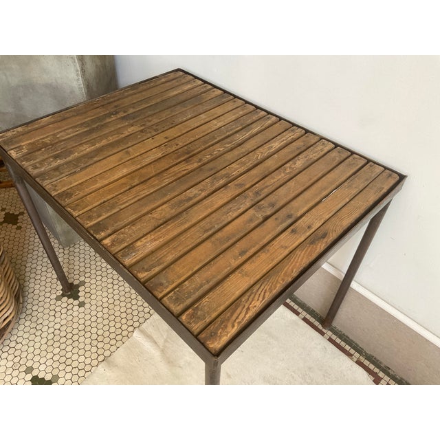 Wood Vintage Industrial Metal Accent Table With Slatted Wooden Top For Sale - Image 7 of 14
