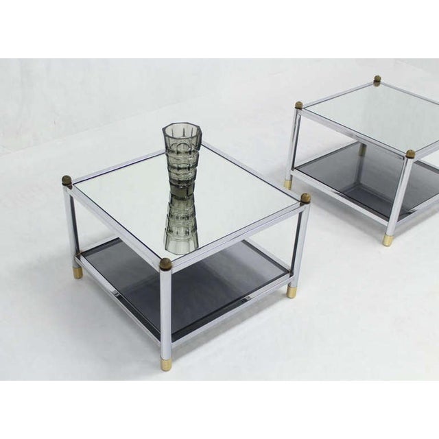 Transparent Pair Square Chrome & Brass Smoked Glass Shelf Mirrored Top End Side Tables MINT! For Sale - Image 8 of 9
