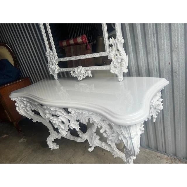 White 1950s Large White Lacquer Marble Top Console Table and Mirror French Style For Sale - Image 8 of 10