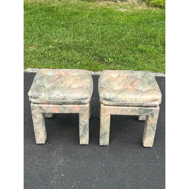 Baby Blue Mid-Century Modern Parsons Console Table With Upholstered Ottomans For Sale - Image 8 of 18
