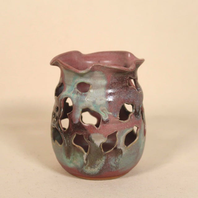 Contemporary Vintage Sculptural Studio Pottery Pierced Ceramic Vessel Candle Holder With Organic Drip Glaze For Sale - Image 3 of 18