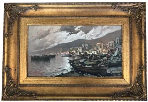 Riccardo Colucci, Barques de pêcheurs et pêcheurs au port, Oil on Wood, Framed