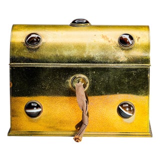 Stunning Victorian Aesthetic Movement Antique Brass Agate Stone Domed Desk Stationary Box Casket For Sale