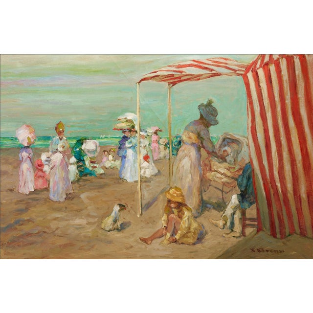 Jacques Deveau (1937-*, France), oil on canvas painting, seaside scene with figures and dog enjoying a day at the beach...