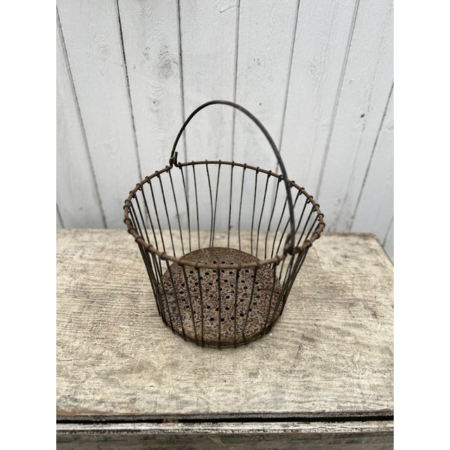 Vintage Rustic Metal Wire Egg Basket With Perforated Bottom For Sale - Image 4 of 10