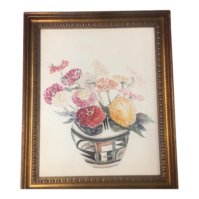 "Zinnias in Indian Pot" Vintage Original Watercolor Painting For Sale
