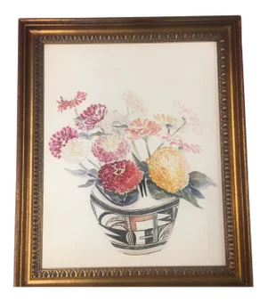 "Zinnias in Indian Pot" Vintage Original Watercolor Painting