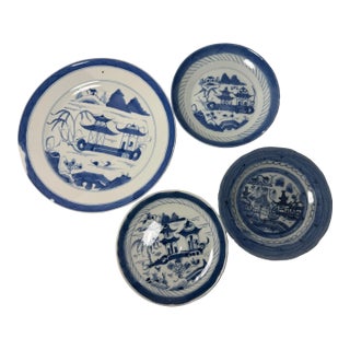19th Century Antique Chinese Export Blue and White Canton Dish/Plates- Set of 4 For Sale