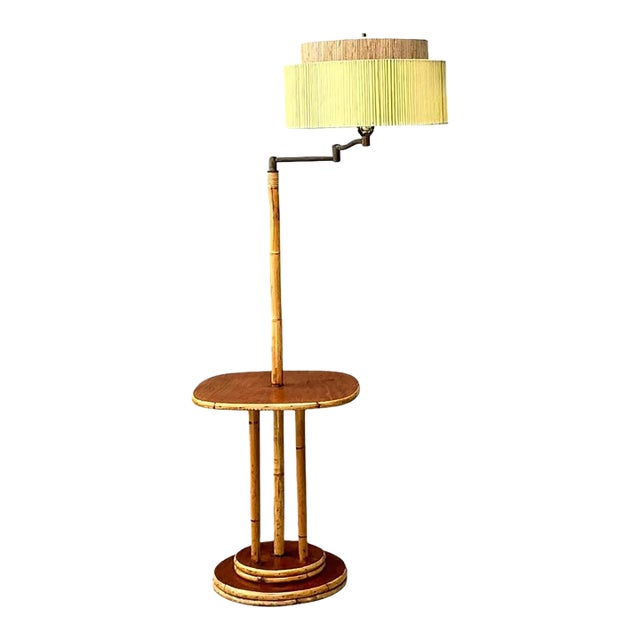 Vintage MCM Bamboo Floor Lamp With Integrated Table For Sale