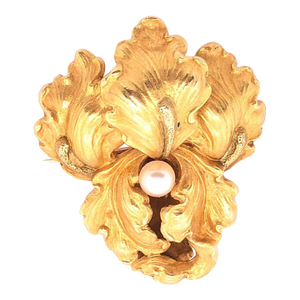 14 Karat Yellow Gold Catleya Pin Brooch With Center Pearl