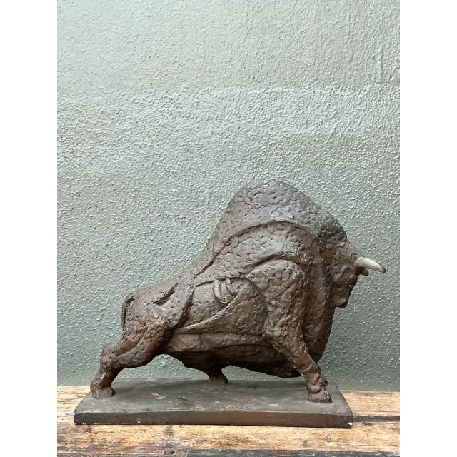 Vintage MCM Textured Plaster Bull Sculpture For Sale In West Palm - Image 6 of 14